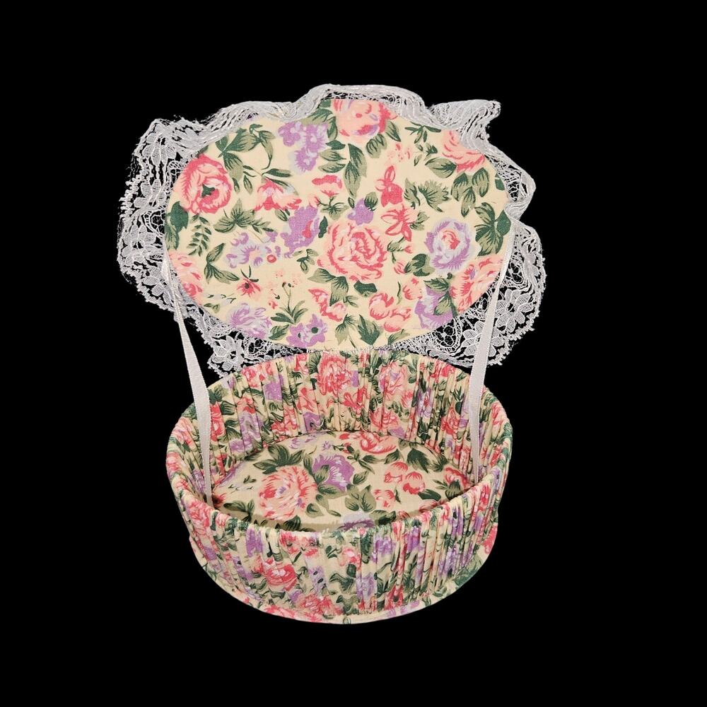 Vintage Floral Fabric Covered Trinket Box Lace Lid Oval Sewing Basket